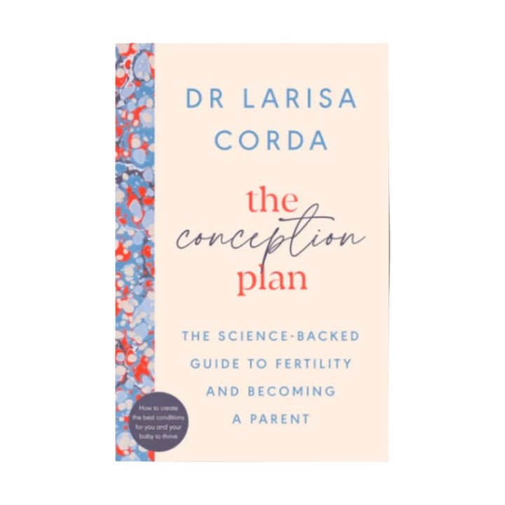 The front cover of the book 'The Conception Plan' by Dr. Larisa Corda, featuring a light peach background with blue and red text and a blue, red, and white abstract patterned vertical stripe on the left side.