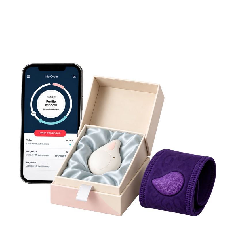 A smartphone displaying My Cycle app showing Fertile window and Sync Tempdrop button alongside an open box containing a white device and a purple wristband.