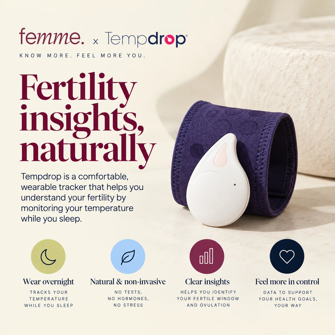 A wearable fertility tracker called Tempdrop on a purple wristband, with four icons describing its features.
