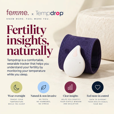 A wearable fertility tracker called Tempdrop on a purple wristband, with four icons describing its features.