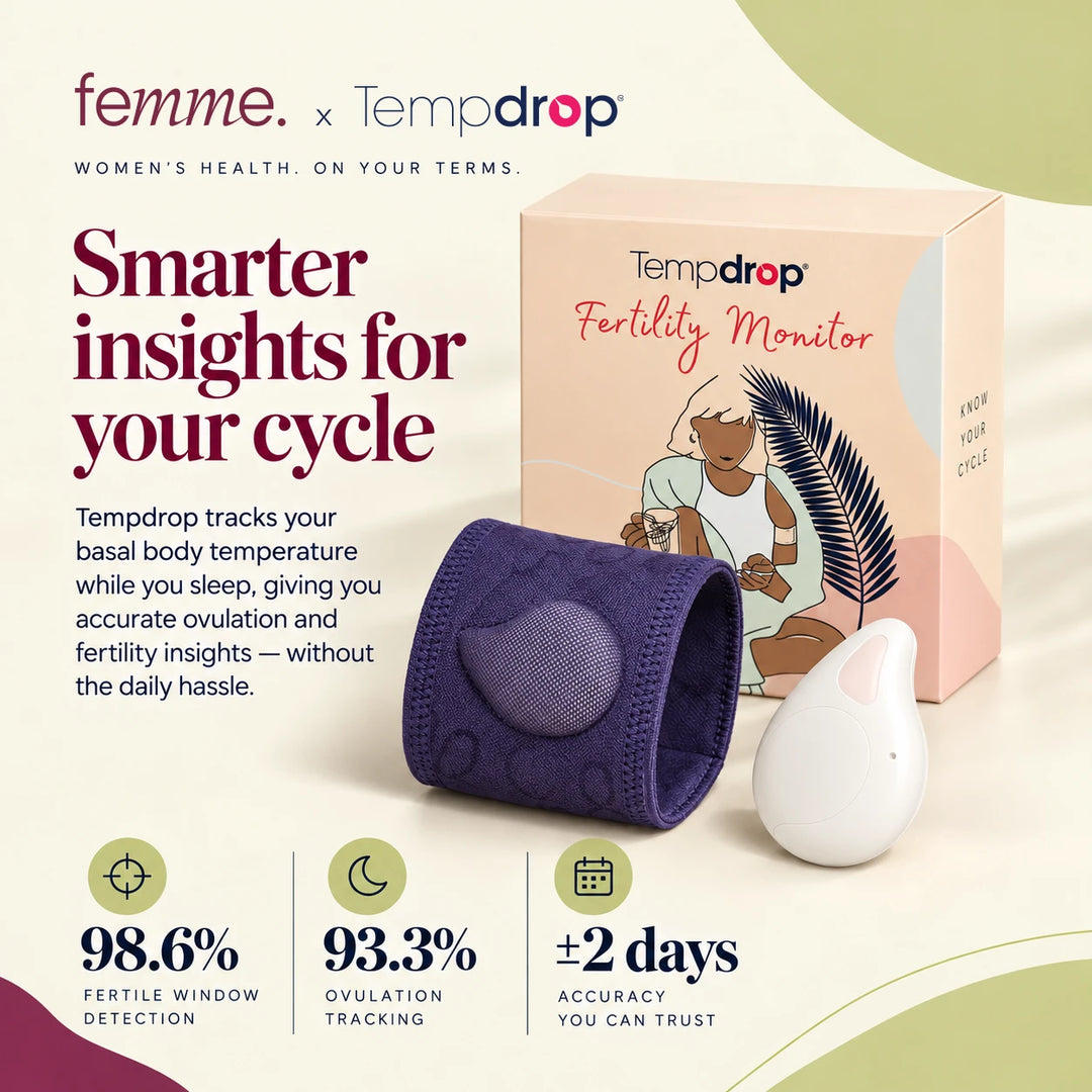 Tempdrop Fertility Monitor box and device next to purple wristband with sensor, showing statistics on fertile window detection, ovulation tracking and accuracy.