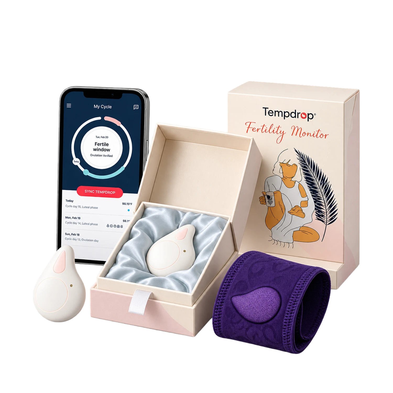 Tempdrop fertility monitor set including a white egg-shaped tracker, a purple cuff, a smartphone app screen, and branded gift box on a white background.