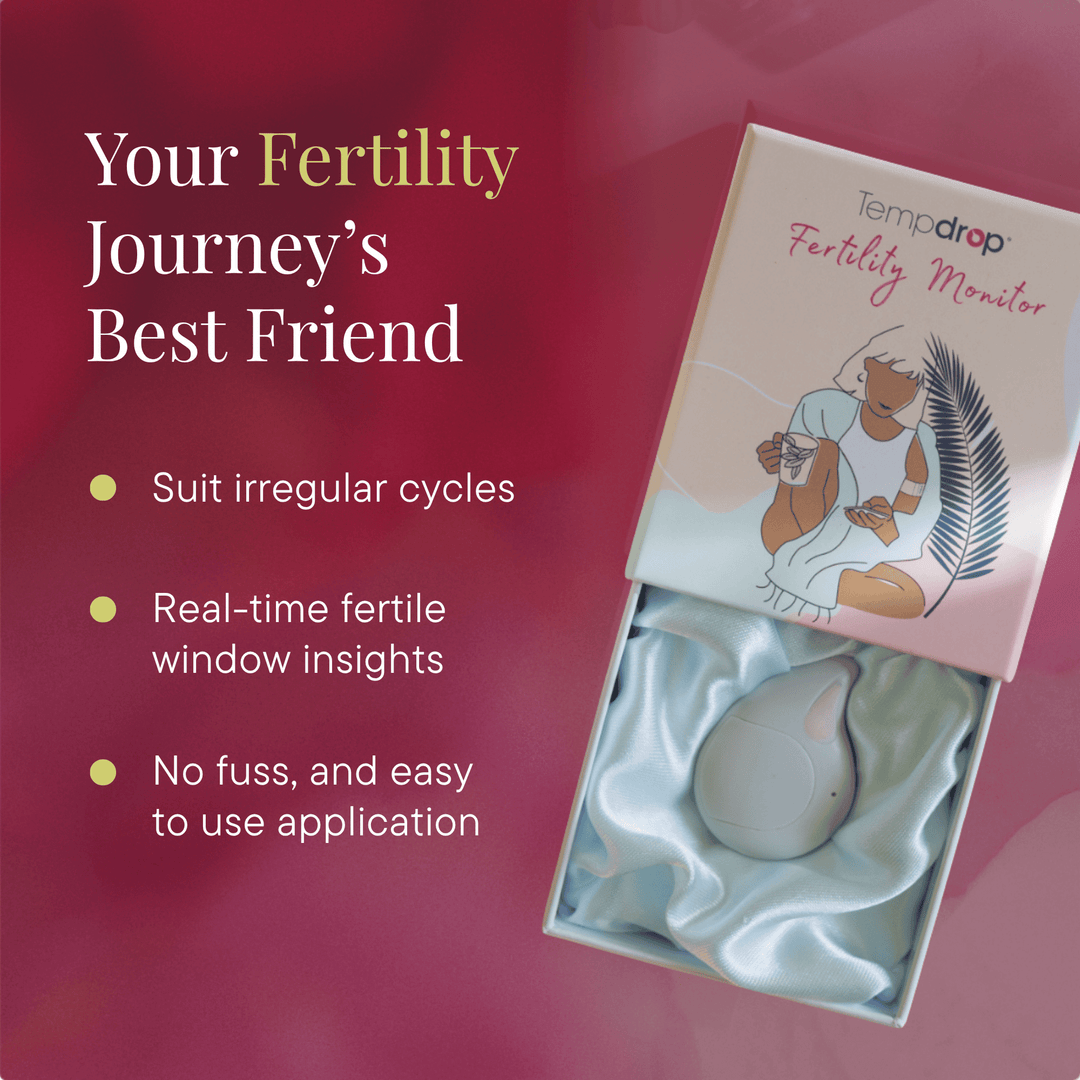 A boxed fertility monitor labelled Tempdrop Fertility Monitor next to three bullet points on pink background.