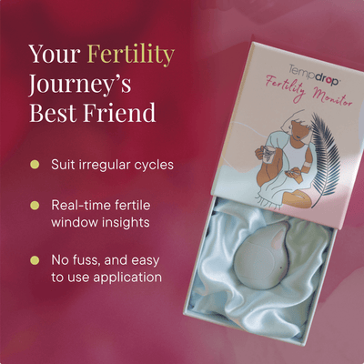 A boxed fertility monitor labelled Tempdrop Fertility Monitor next to three bullet points on pink background.