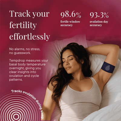 A woman lying in bed with her arm raised, wearing a dark blue Tempdrop ovulation tracker on her upper arm. The background is a deep magenta-pink with white text highlighting product benefits and accuracy figures.