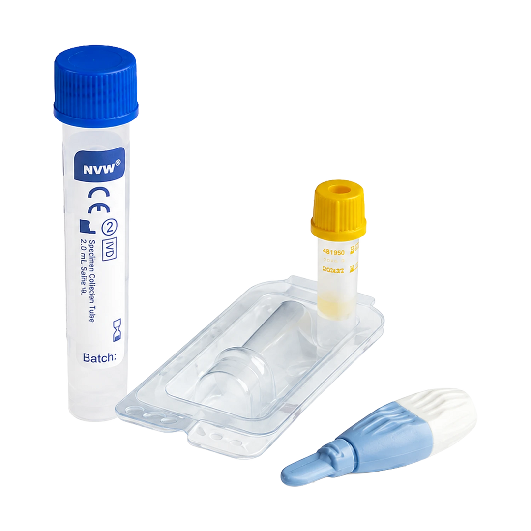 A medical specimen collection kit including a white collection tube with a blue cap, a small vial with a yellow cap, a clear plastic specimen container tray, and a blue-and-white swab, shown on a white background.