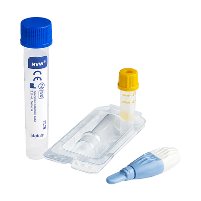 A medical specimen collection kit including a white collection tube with a blue cap, a small vial with a yellow cap, a clear plastic specimen container tray, and a blue-and-white swab, shown on a white background.