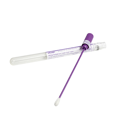 A Swab medical nasal swab kit featuring a clear plastic vial with a purple cap and a purple-handled swab with a white cotton tip, shown on a plain white background.
