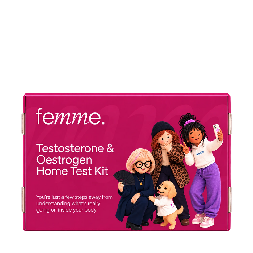 A bright pink rectangular product box for the femme Testosterone & Oestrogen Home Test Kit, shown on a plain white background. The box features white text and an illustration of four cartoon women and a small dog in stylish outfits.