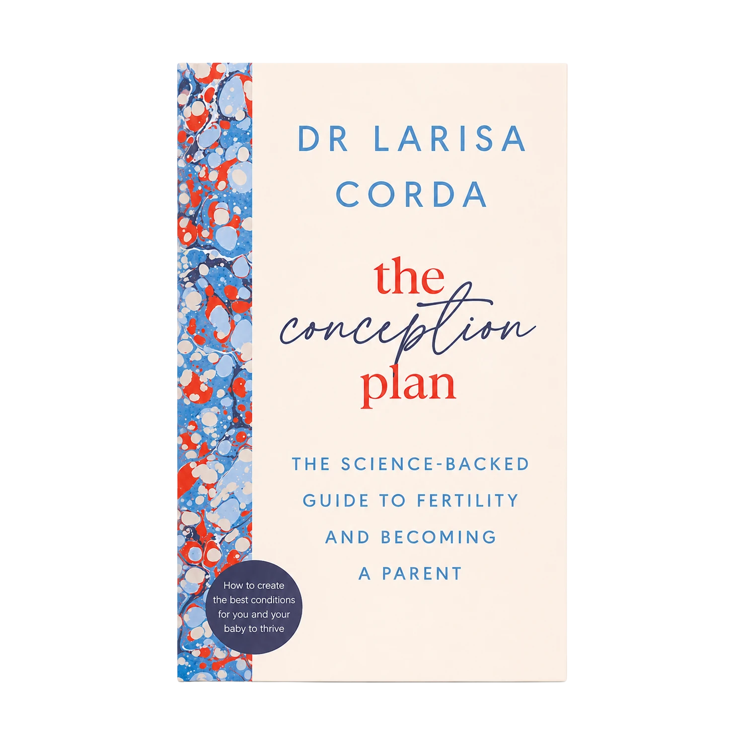 The Conception Plan book by Dr. Larisa Corda, featuring a cream-colored cover with blue and red text and a blue, red, and white patterned spine stripe.