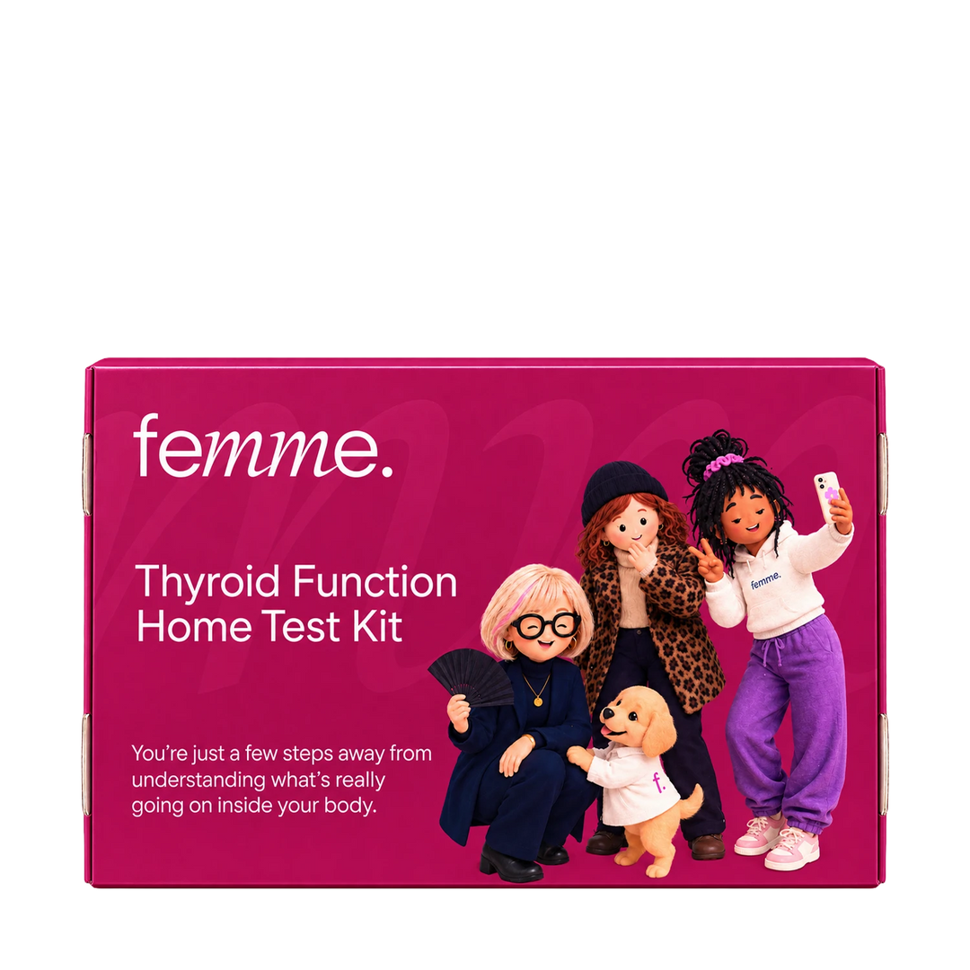 A magenta box for the femme Thyroid Function Home Test Kit, featuring cartoon illustrations of four women and a dog on the front alongside product text.