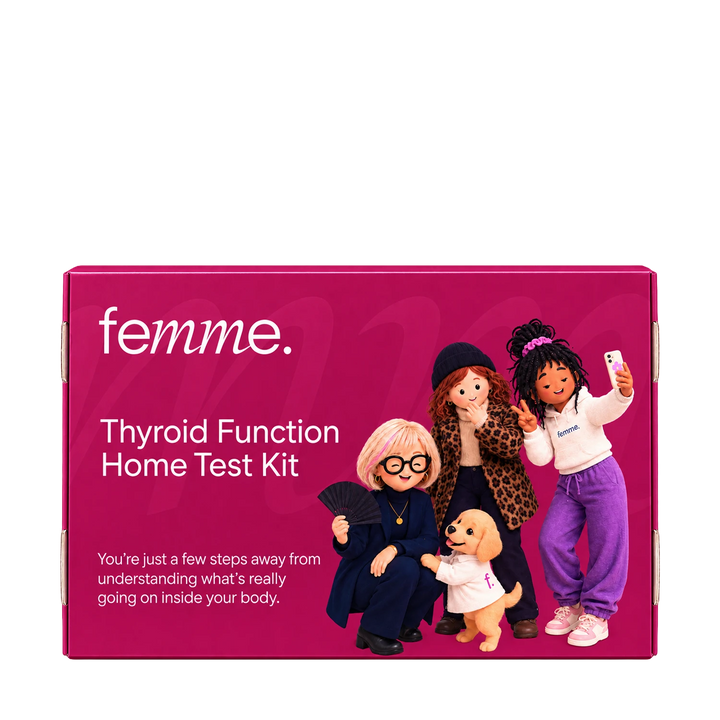 A magenta box for the femme Thyroid Function Home Test Kit, featuring cartoon illustrations of four women and a dog on the front alongside product text.