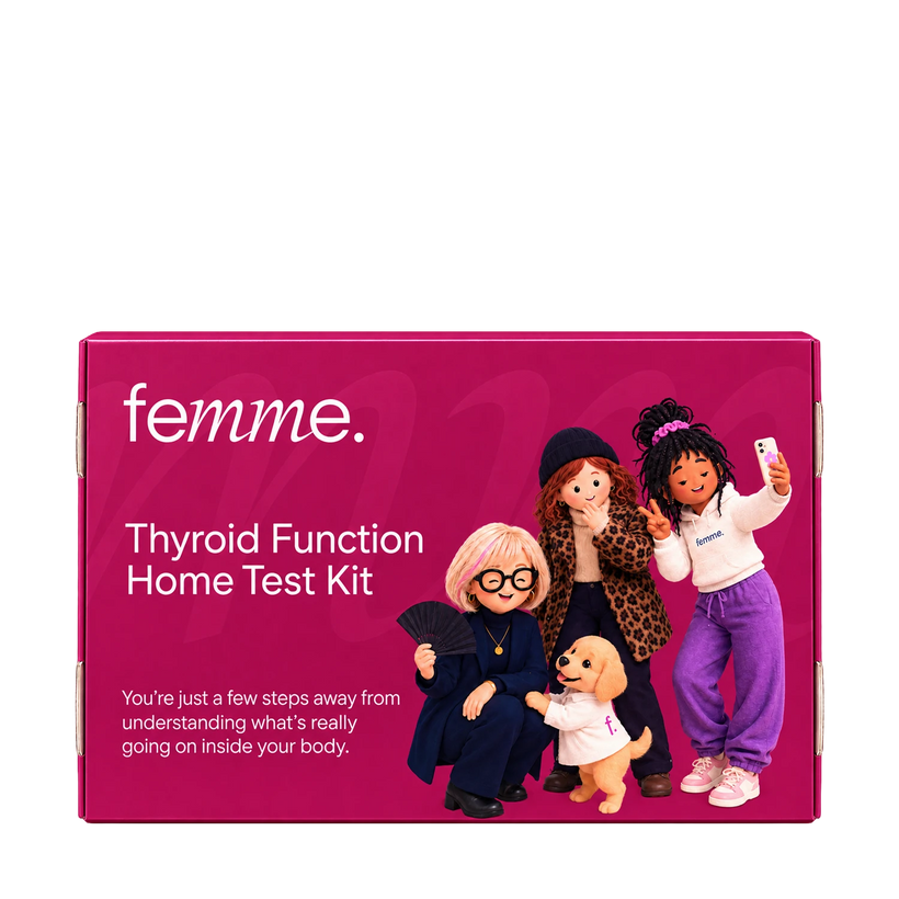 A magenta box for the femme Thyroid Function Home Test Kit, featuring cartoon illustrations of four women and a dog on the front alongside product text.