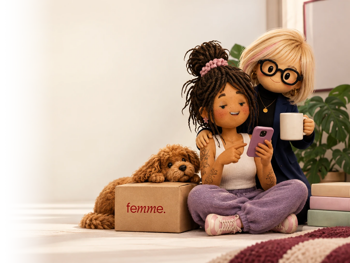 Two animated figures sit on the floor next to a small dog and a box labelled femme.