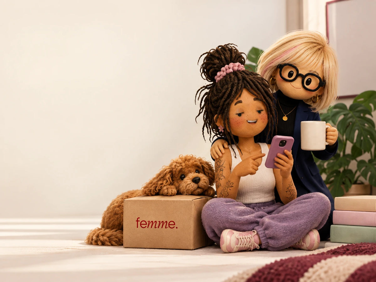 Two animated figures sit on the floor beside a small dog and a box labelled femme.
