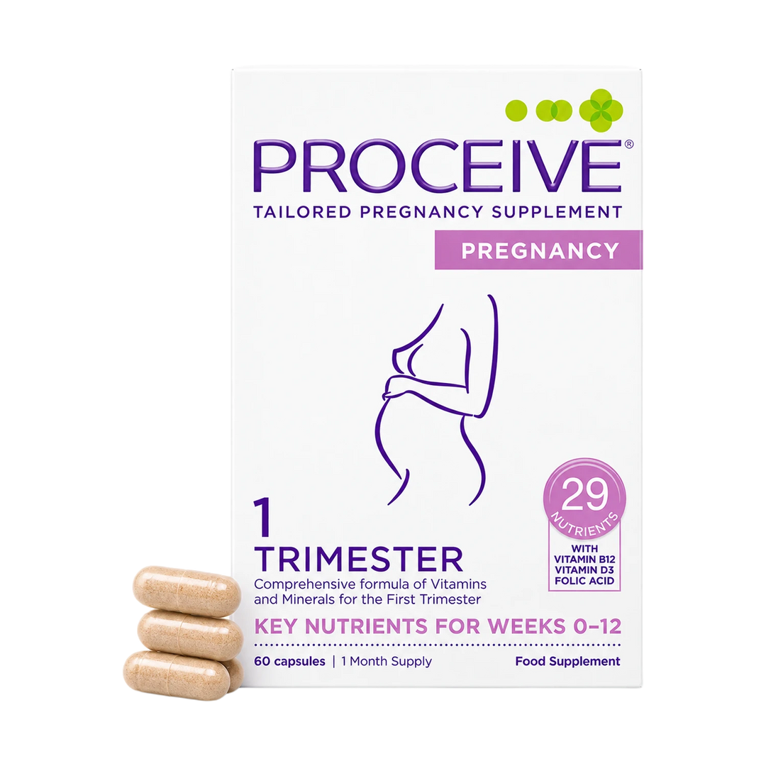 Proceive Tailored Pregnancy Supplement box for the first trimester, shown with three beige capsules in front on a white background.