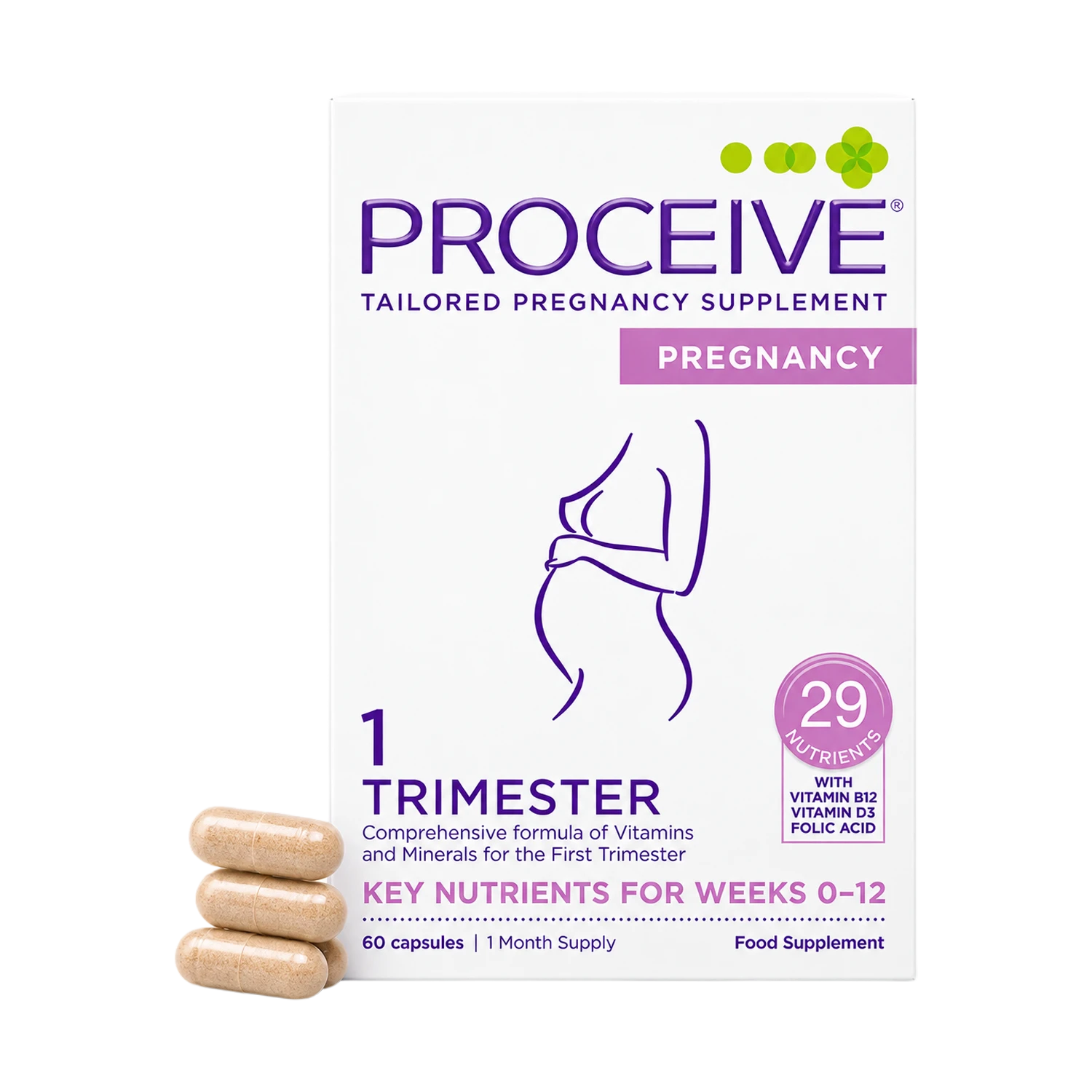 Proceive Tailored Pregnancy Supplement box for the first trimester, shown with three beige capsules in front on a white background.