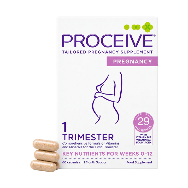 Proceive Tailored Pregnancy Supplement box for the first trimester, shown with three beige capsules in front on a white background.