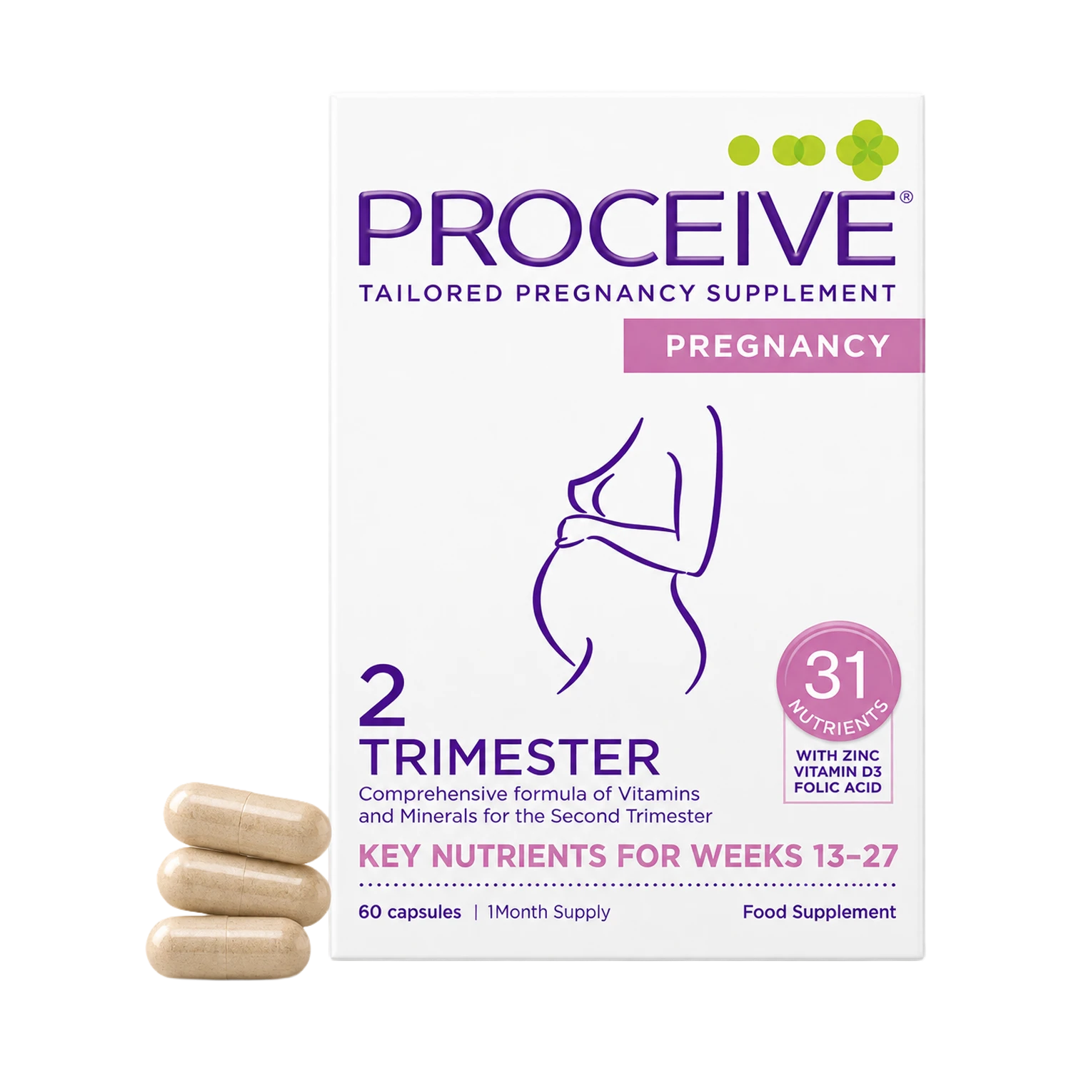 Proceive Tailored Pregnancy Supplement box for the 2nd Trimester, shown with three beige capsules in front on a white background.