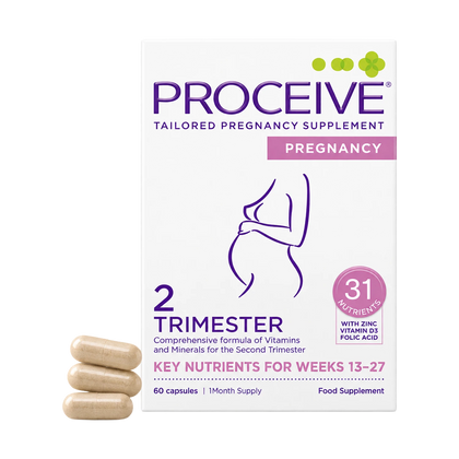 Proceive Tailored Pregnancy Supplement box for the 2nd Trimester, shown with three beige capsules in front on a white background.