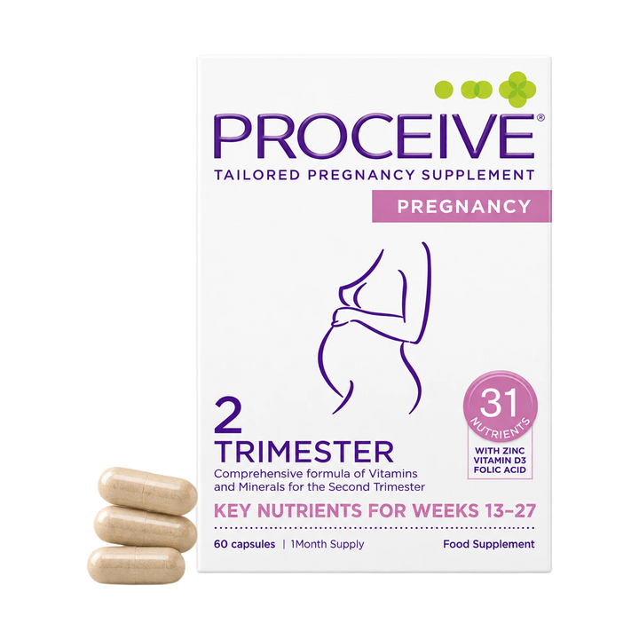 Proceive Tailored Pregnancy Supplement box for the 2nd Trimester, shown with three beige capsules in front on a white background.