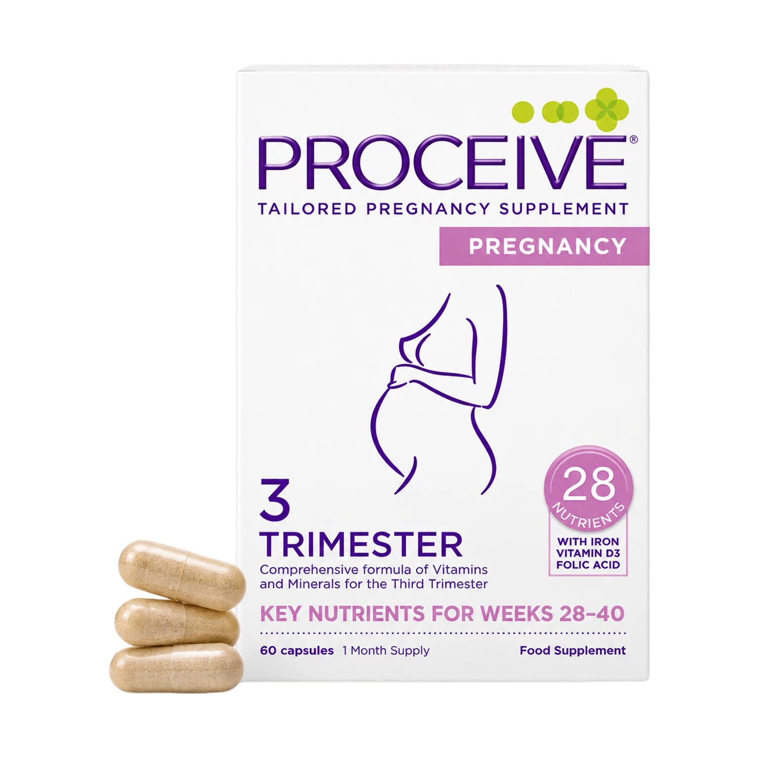 Proceive Tailored Pregnancy Supplement box for the 3rd Trimester, shown with three capsules in front on a white background.