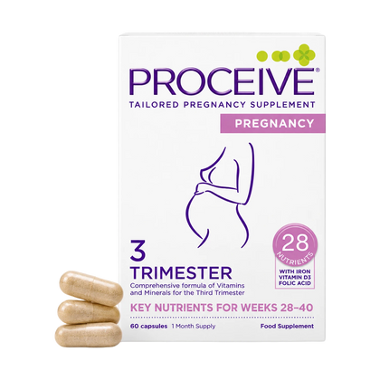 Proceive Tailored Pregnancy Supplement box for the 3rd Trimester, shown with three capsules in front on a white background.