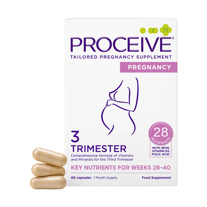 Proceive Tailored Pregnancy Supplement box for the 3rd Trimester, shown with three capsules in front on a white background.