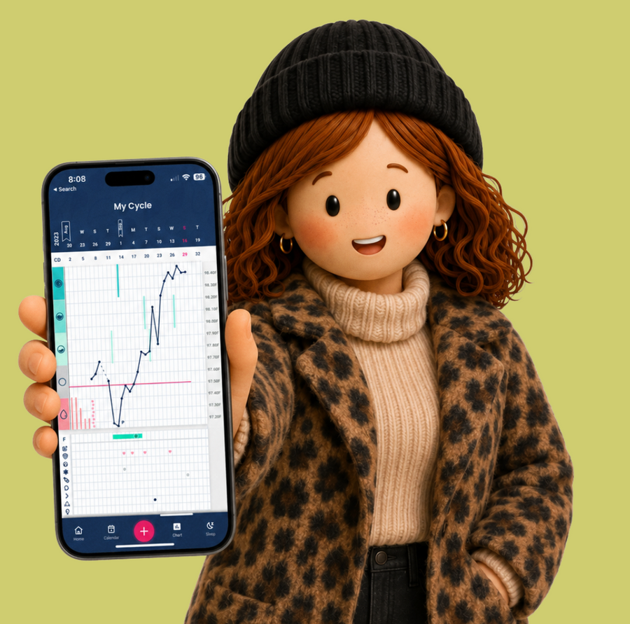 A doll holds up a smartphone displaying My Cycle app tracking menstrual cycle data on a graph.