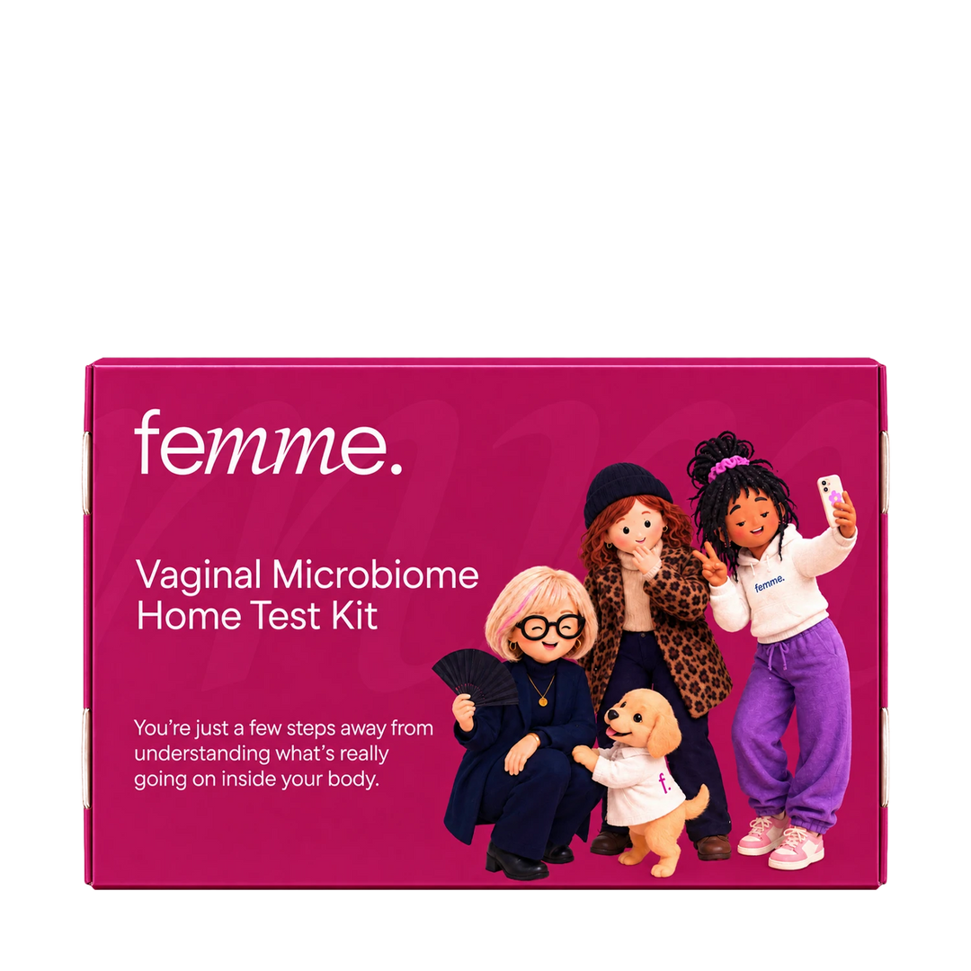A magenta box for the femme Cortisol (Stress) Home Test Kit, featuring illustrations of four diverse women and a small dog on the front.