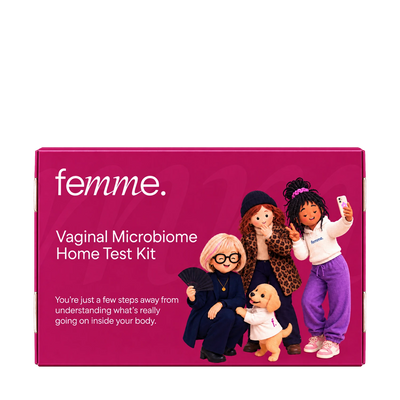 A magenta box for the femme Cortisol (Stress) Home Test Kit, featuring illustrations of four diverse women and a small dog on the front.