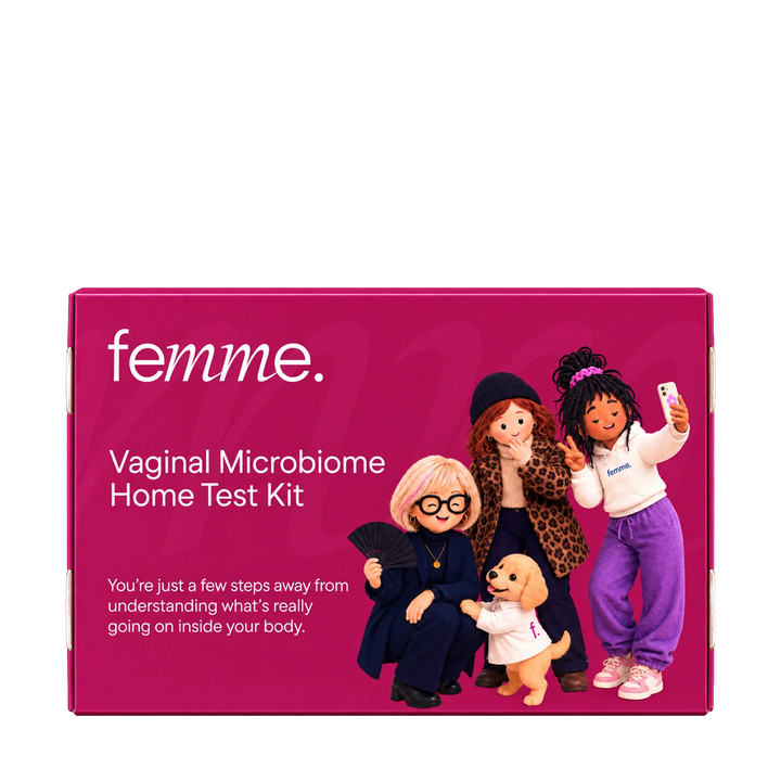 A magenta box for the femme Vaginal Microbiome Home Test Kit, featuring illustrations of four diverse women and a small dog on the front.