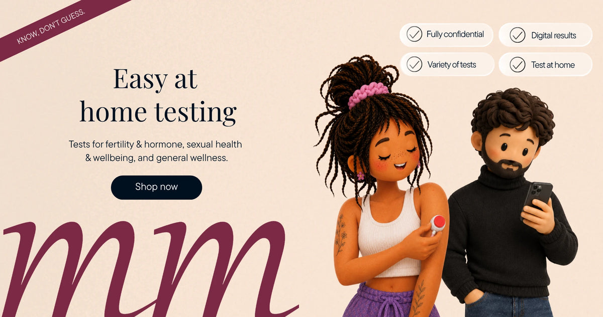 Two illustrated figures performing home testing with text Easy at home testing and Know, don't guess.
