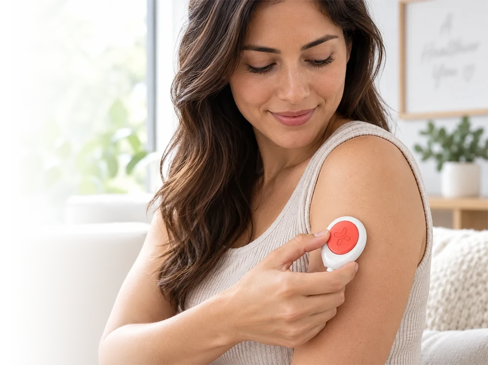 A woman applies a circular device with a red button on her upper arm.