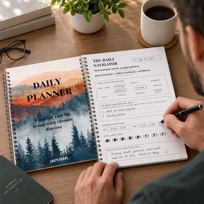 A person writes in Daily Planner by Aevum, detailing symptoms and tasks on The Daily Navigator page dated April 14, 2025.