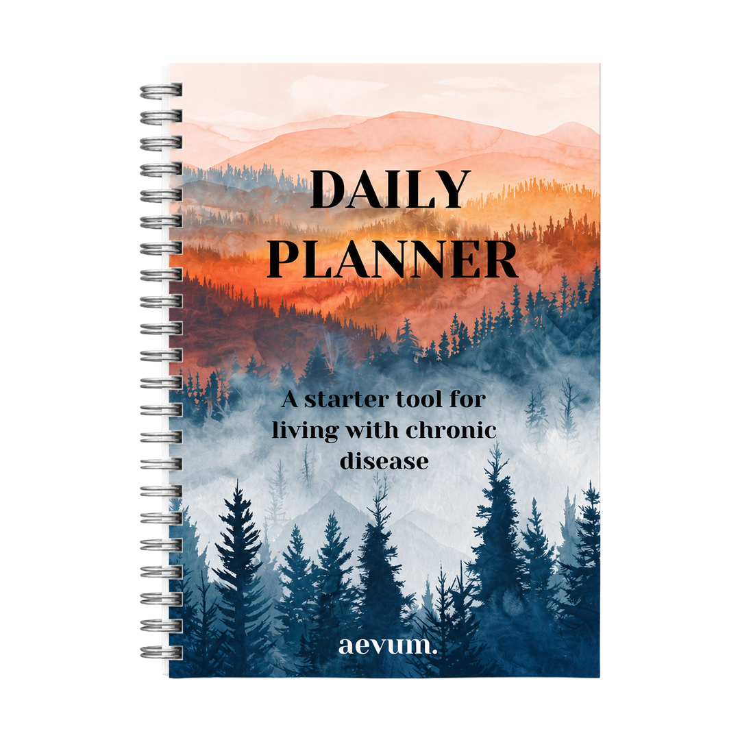 A spiral-bound daily planner titled Daily Planner, A starter tool for living with chronic disease by aevum.