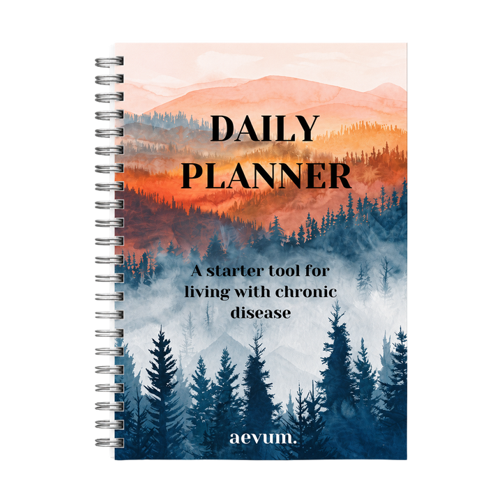 A spiral-bound daily planner titled Daily Planner, A starter tool for living with chronic disease by aevum.