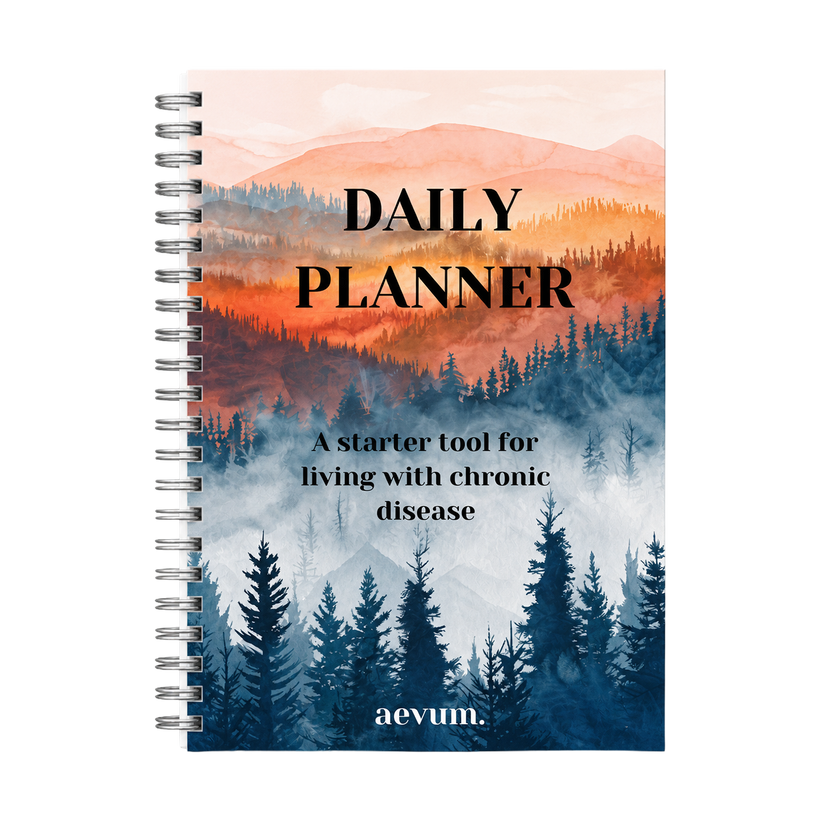 A spiral-bound daily planner titled Daily Planner, A starter tool for living with chronic disease by aevum.