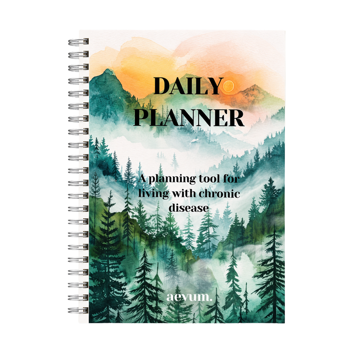 A spiral-bound Daily Planner titled A planning tool for living with chronic disease by aevum against a watercolour forest background.