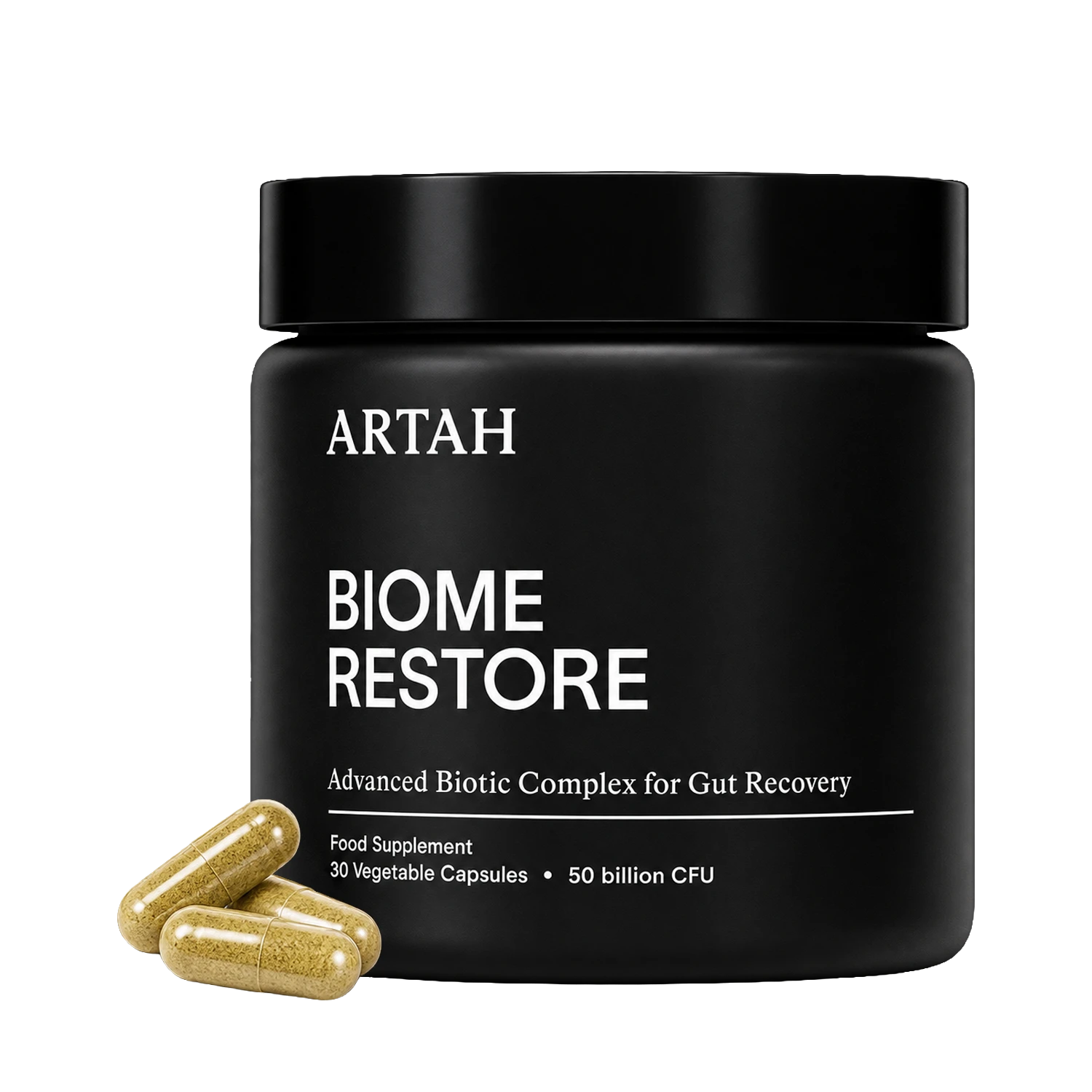 A black jar of ARTAH Biome Restore food supplement capsules with three gold-colored capsules placed in front on a white background.
