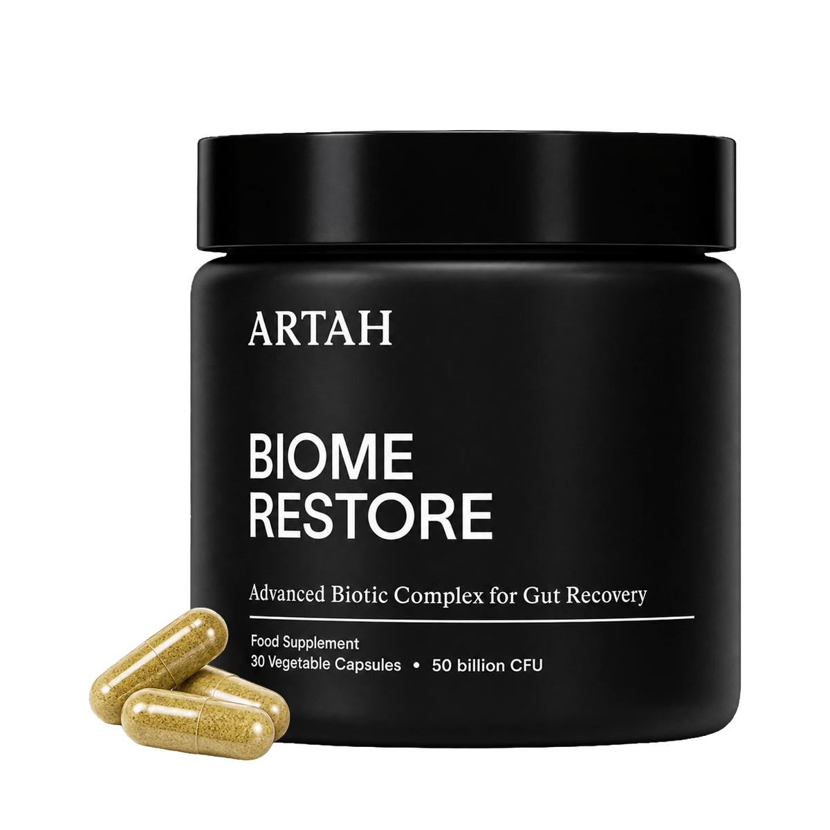 A black jar of ARTAH Biome Restore food supplement capsules with three gold-colored capsules placed in front on a white background.