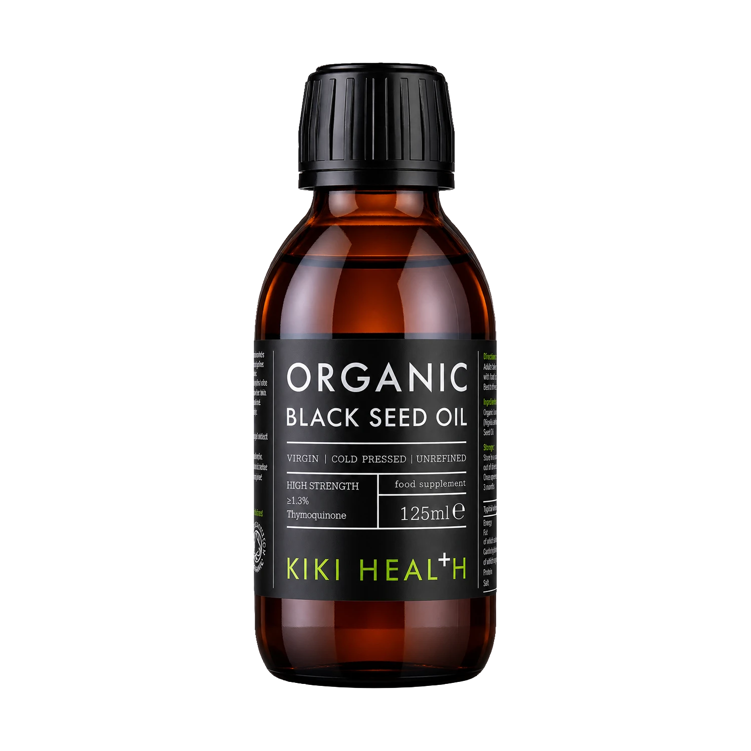 A 125ml bottle of Kiki Health+ Organic Black Seed Oil in an amber glass bottle with a black cap and black label, shown on a solid white background.