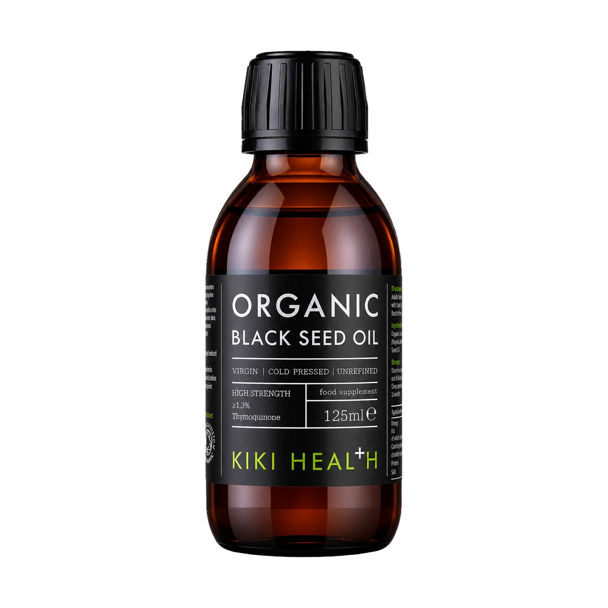 A 125ml bottle of Kiki Health+ Organic Black Seed Oil in an amber glass bottle with a black cap and black label, shown on a solid white background.