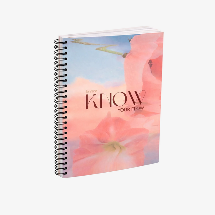 Notebook with floral design and 'KNOW YOUR FLOW' text on a white background