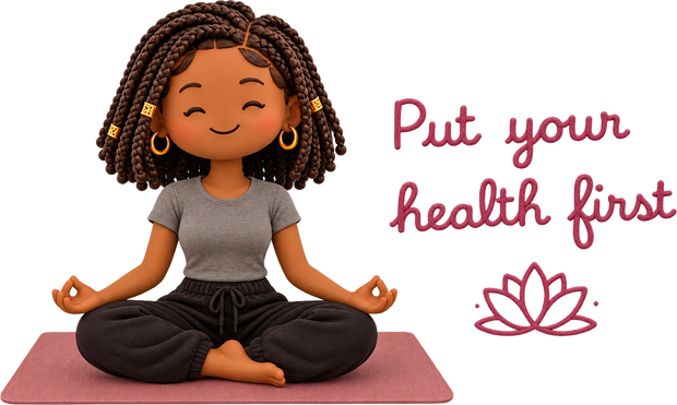 A character meditating on a yoga mat with Put your health first written beside them.