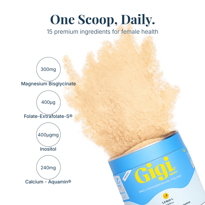 Gigi PMS & Hormone Balance Blend canister with powder and key ingredient information.