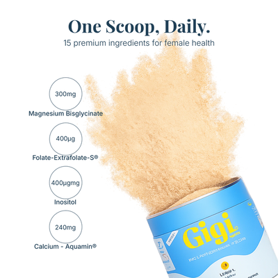 Gigi PMS & Hormone Balance Blend canister with powder and key ingredient information.