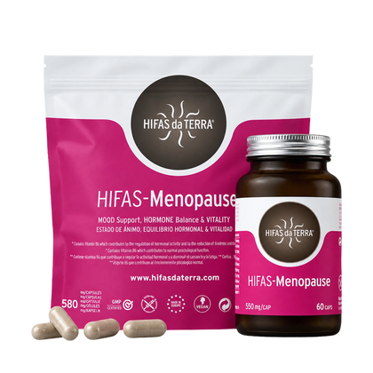 HIFAS Menopause supplement capsules next to bottle and packaging.