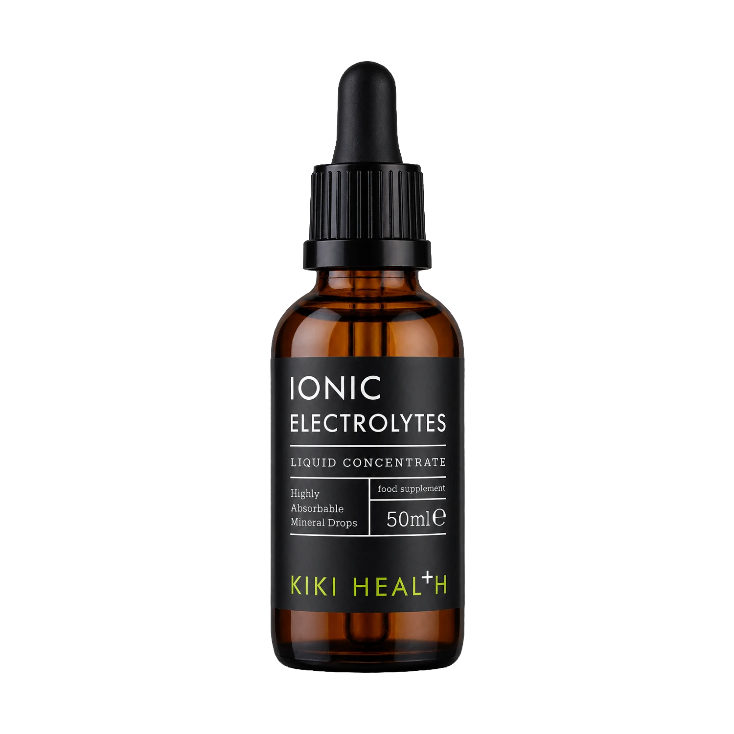 A 50ml amber glass dropper bottle of Kiki Health Ionic Electrolytes liquid concentrate, featuring a black label with white and lime green text, set against a plain white background.