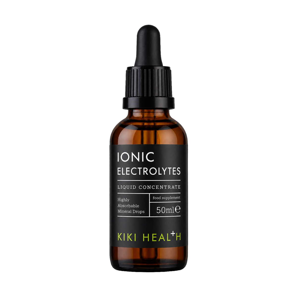 A 50ml amber glass dropper bottle of Kiki Health Ionic Electrolytes liquid concentrate, featuring a black label with white and lime green text, set against a plain white background.